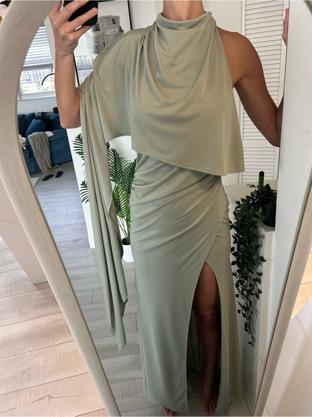 ASOS One-Shoulder Sage Maxi Dress with Draped Cape